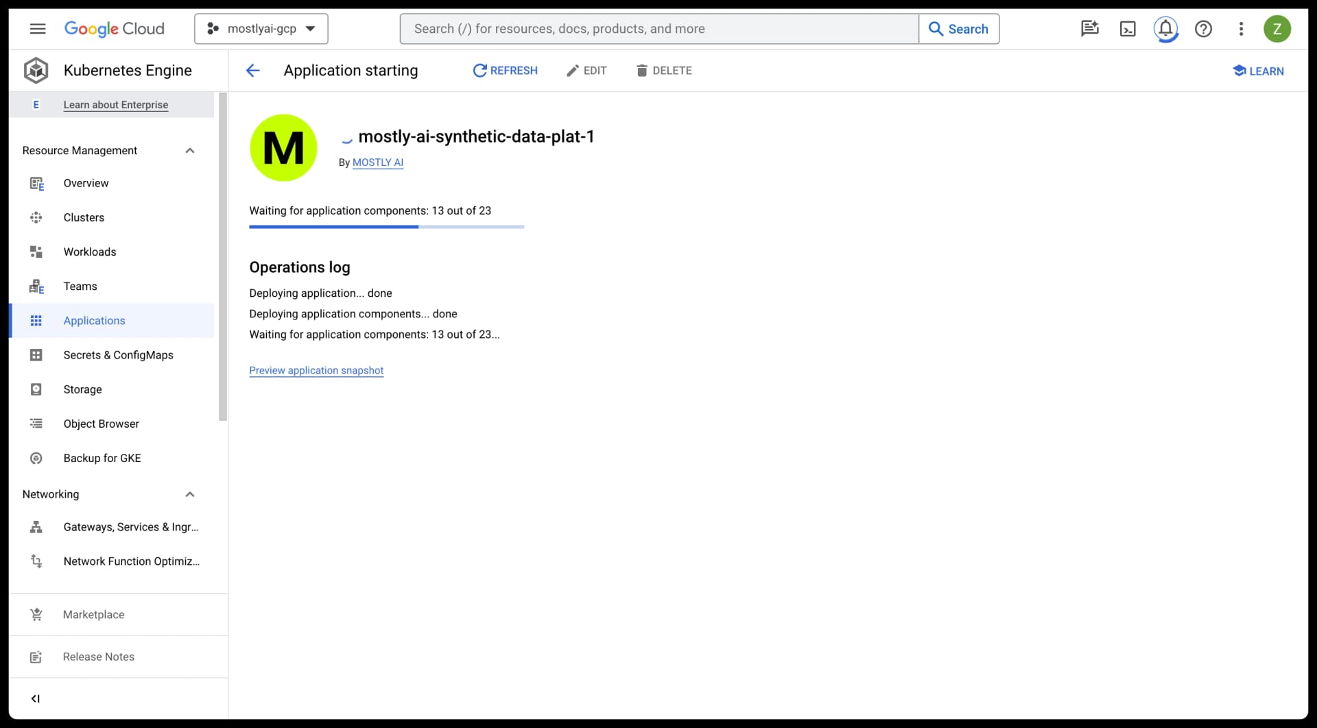 GCP Marketplace - MOSTLY AI deployment in progress
